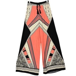 Fab'rik Pants Womens Small Peach Black Geometric Print Wide Leg Tassels Palazzo